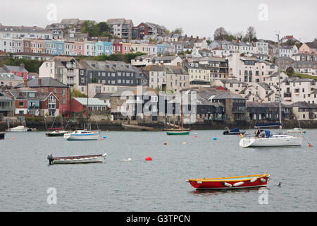 Terraces of houses on the steep embankment overlooking the deep water harbor at Falmouth in Cornwall UK Stock Photo