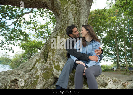 Two lovers cuddling in a tree on the shore beside Bala Lake in Wales. Stock Photo