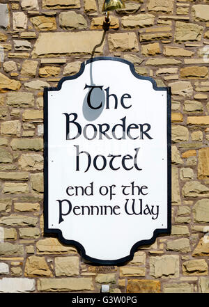 Sign for the Border Hotel and public house, official end of the Pennine Way, Kirk Yetholm, Scottish Borders, Scotland, UK Stock Photo