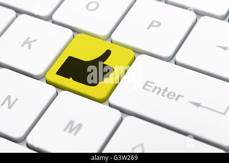 Social network concept: computer keyboard with Thumb Up icon on enter button background, selected focus, 3D rendering Stock Photo