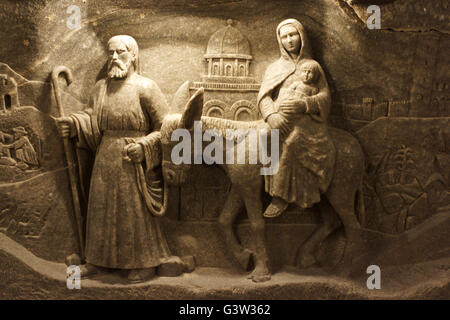 Saltmine Wieliczka, Salt sculpture of Holy family with donkey, Poland Stock Photo