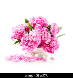 Peony flowers. Romantic bouquet of pink peonies in retro vase isolated on white background clipping path included Stock Photo