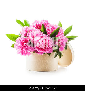 Peony flowers. Romantic bouquet of pink peonies in gift box isolated on white background clipping path included. Holiday present Stock Photo