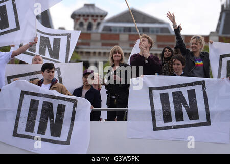 Rachel Johnson, sister of Boris Johnson, on board a boat taking part in a pro-EU counter demonstration, as a Fishing for Leave pro-Brexit 'flotilla' makes its way along the River Thames in London. Stock Photo