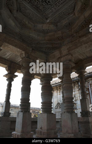 Pillars and Intricately carved ceiling of Navaranga Mandapa, Parshvanatha Basadi, Basadi Halli jain temple complex, Karnataka, I Stock Photo