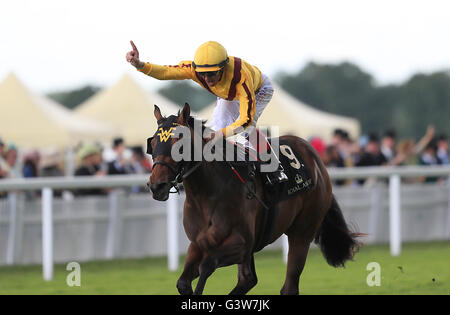 Lady Aurelia ridden by jockey Frankie Dettori winning the Queen Mary Stakes during day two of Royal Ascot 2016, at Ascot Racecourse. Stock Photo