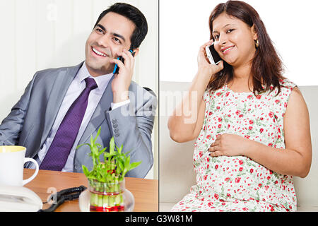 2 People Adult Man Adult Woman Caring Married Couples Mobile Phone Montage Pregnancy Smiling Talking Stock Photo