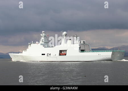 KDM Absalon (L16), a command and support vessel of the Royal Danish Navy, passes Port Glasgow at the start of Joint Warrior 16-1 Stock Photo