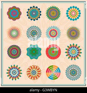 Set colored floral circular elements ornament Stock Vector