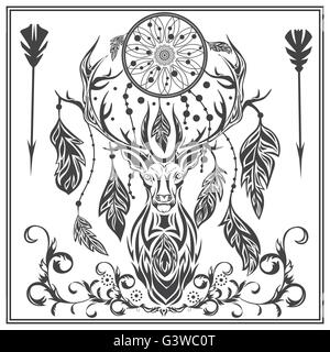Ornament graphics deer feathers, arrows, Dreamcatcher Stock Vector