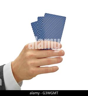 Hand holding 3 cards isolated on white with clipping path. Stock Photo
