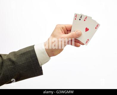Hand holding 3 ace with clipping path isolated on white Stock Photo