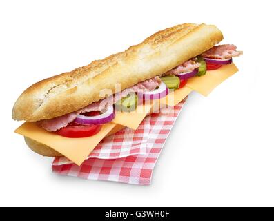 bacon cheese submarine sandwich with clipping path isolated on white with a napkin Stock Photo