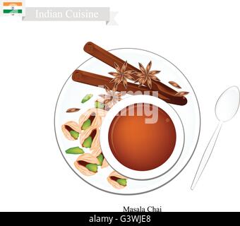 Indian Cuisine, Masala Chai or Traditional Black Hot Sweet Tea with Spices. One of The Most Popular Beverage in India. Stock Vector