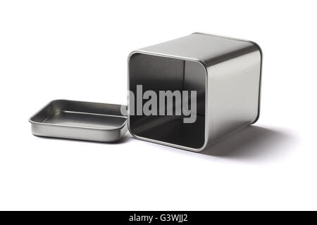 Open Metal Tin Can Lying on White Background Stock Photo