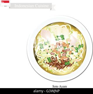 Indonesian Cuisine, Soto Ayam or Traditional Rice Noodle in Spicy Soup. One of The Most Popular Dish in Indonesia. Stock Vector