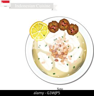 Indonesian Cuisine, Traditional Chicken Soup with Meat. One of The Most Famous Dish in Indonesia. Stock Vector