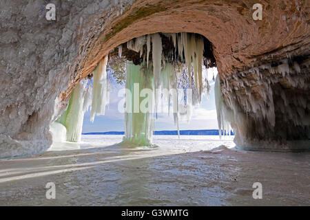 Grand Island Ice Curtains on Lake Superior, offshore from Pictured Rocks National Lakeshore in the Upper Peninsula of Michigan Stock Photo