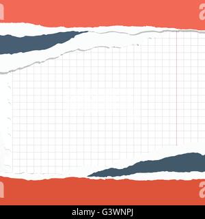 Red, dark blue torn paper pieces are stuck on squared notebook sheet Stock Vector