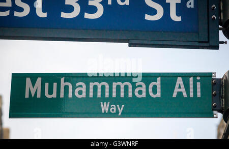 New York commemorates the late boxing legend Muhammad Ali by temporarily renaming West 33rd Street next to Madison Square Garden as 'Muhammad Ali Way', seen on Tuesday, June 7, 2016. Ali fought Joe Frazier in the famous arena in 1971 in what was billed as the 'Fight of the Century'. Ali passed away June 3 at the age of 74. (© Richard B. Levine) Stock Photo