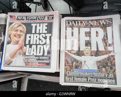 Headlines of New York newspapers on Wednesday, June 8, 2016 report on the results of the previous day's primaries where Hillary Clinton, winning both New Jersey and California is the presumptive Democratic presidential candidate. Clinton is the first woman from a major party to be the nominee for president.  (© Richard B. Levine) Stock Photo