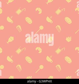 Sweet seamless pattern. Party food and deserts: ice cream, juice, croissant, lollipop, cupcake, popsicle, chocolate, milkshake, Stock Vector