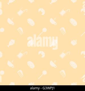 Sweet seamless pattern. Party food and deserts: ice cream, juice, croissant, lollipop, cupcake, popsicle, chocolate, milkshake, Stock Vector