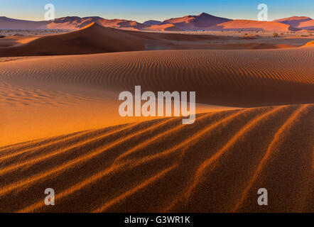 Sossusvlei is a salt and clay pan surrounded by high red dunes, located in the in the Namib-Naukluft National Park of Namibia Stock Photo