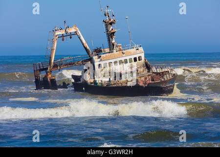 The Suiderkus (1976) shipwreck on Namibia's Skeleton Coast. Stock Photo