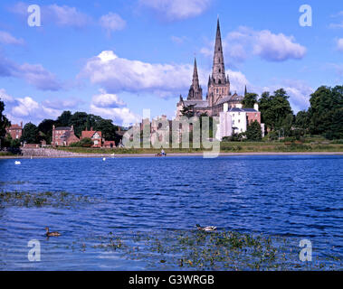 Cathedral Church of the Blessed Virgin Mary and St Chad viewed across Stowe pool, Lichfield, Staffordshire, England, UK. Stock Photo