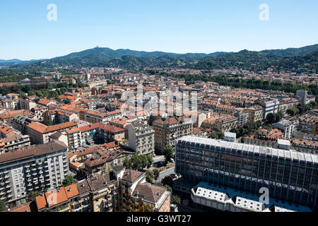Italy, Piedmont, Turin, panorama view of the city from The Mole Antonelliana; bg.: Superga hill Stock Photo