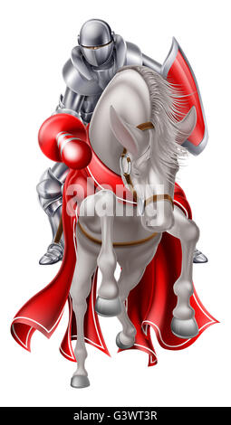Medieval knight on a white rearing, running or jumping horse holding a lance ready for jousting Stock Photo