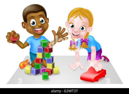 Cartoon boy and girl playing with toys, with car and toy blocks Stock Photo