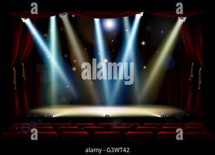 A theatre or theater stage and audience seating with footlights, spotlights and red curtains Stock Photo