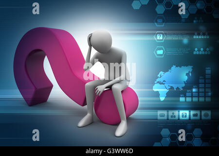 Business man sitting on a question mark in color background Stock Photo