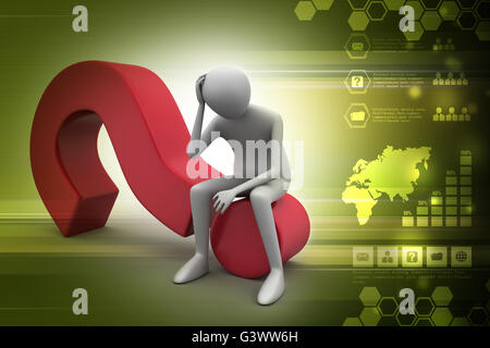 Business man sitting on a question mark in color background Stock Photo