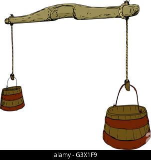 Cartoon sketch of 18th century carved wooden yoke with rope holding two large buckets for carrying water Stock Vector