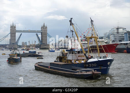 A view of fishing boats taking part in a protest on the River Thames in London June 2016 Stock Photo