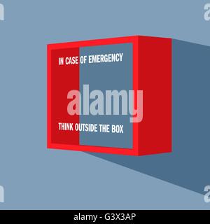 Emergency box on the wall with punning inscription on it - In case of emergency think outside the box. Stock Vector