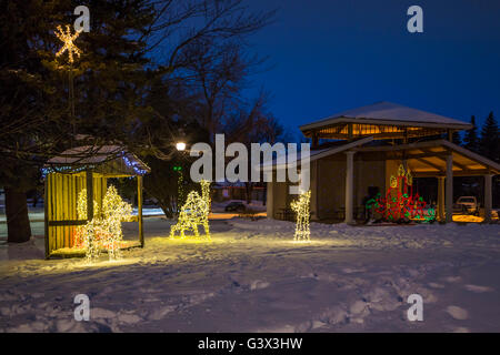 Christmas lights in Bethel Heritage Park in Winkler, Manitoba, Canada. Stock Photo