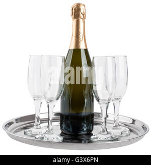 Champagne bottle and four glasses Stock Photo