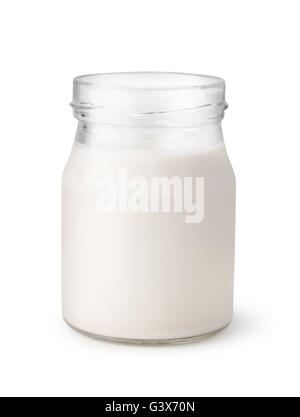 Open glass jar of homemade yogurt isolated on white Stock Photo