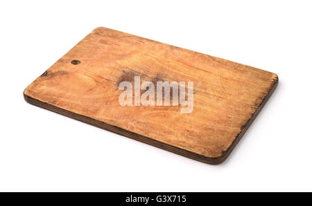 Old wooden cutting board isolated on white Stock Photo