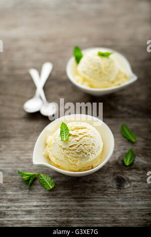 Fresh fruit sorbet ice cream in a white bowl. Stock Photo