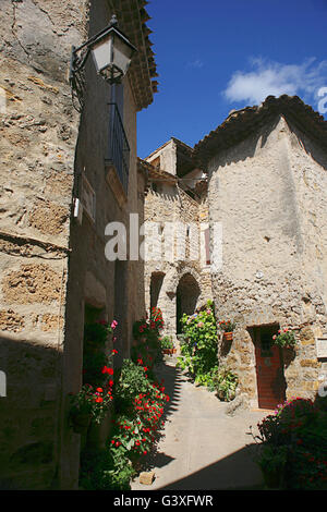 A quiet, pretty and flower-decked lane in the medieval village of Saint-Guilhem-le-Désert; Hérault, Occitanie, France Stock Photo