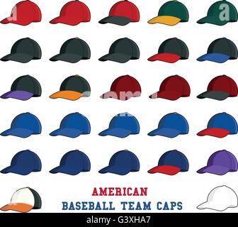 Collection of baseball cap icons with team colors of american professional league Stock Vector