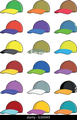 Collection of baseball cap icons with various combinations of two colors Stock Vector