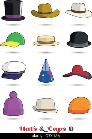 Hats and Caps Colorful Vector Icon Collection 1 Stock Vector