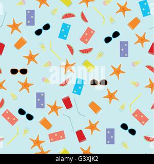 seamless pattern summer theme with drinks, food, starfish, towel, sunglasses and watermelon Stock Vector