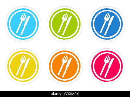 Set of rounded colorful icons with restaurant symbol in blue, green ...